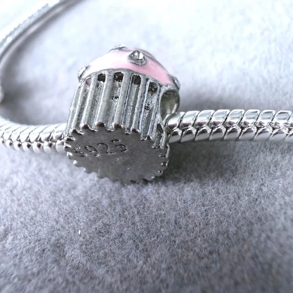 Pink Enamel Cupcake Silver European Charm fits PANDORA
